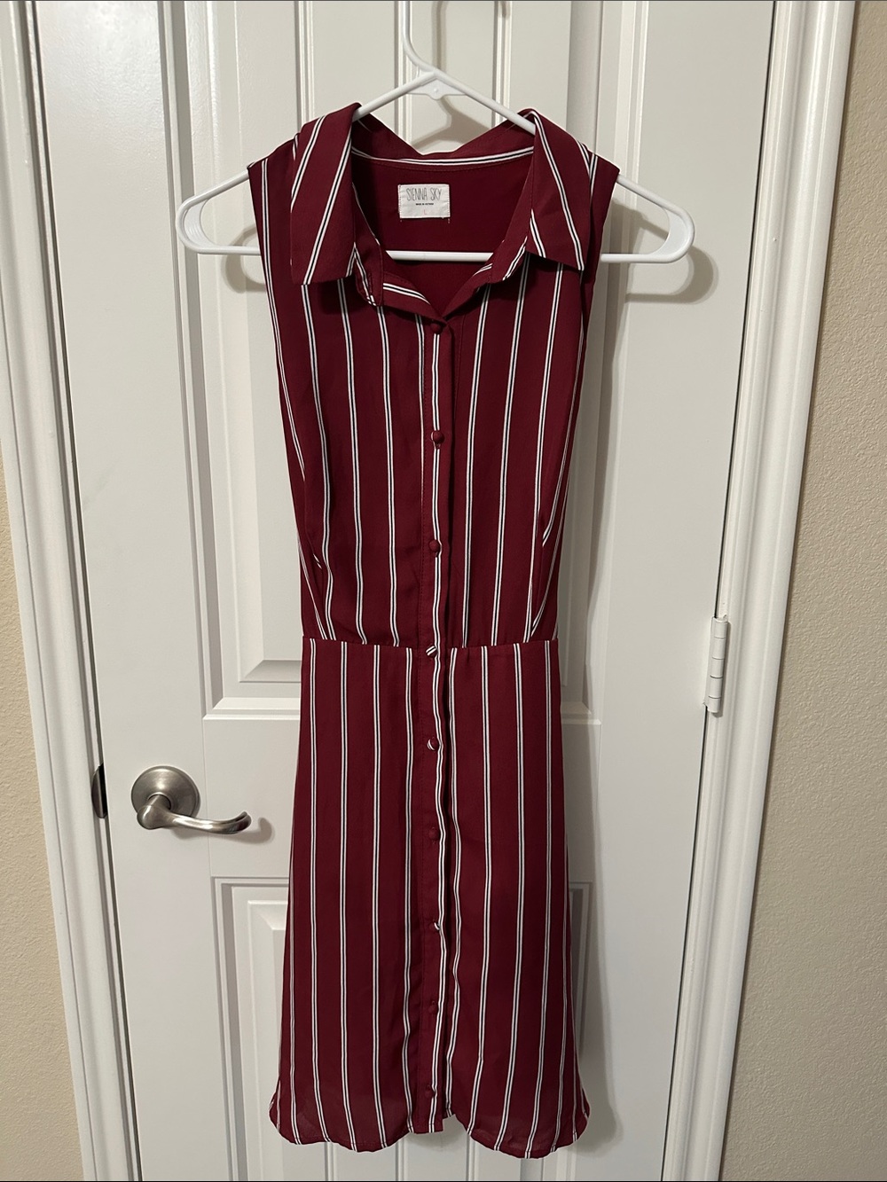 Sienna Sky Burgundy & White Striped Sleeveless Button Dress